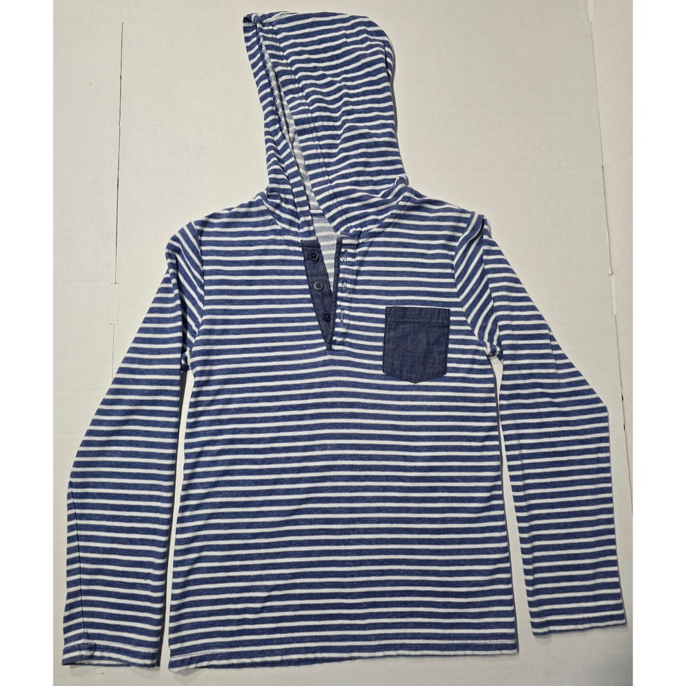 Cat & Jack Boys Blue White Striped Hooded Henley Shirt Size M 8/10 Long Sleeve